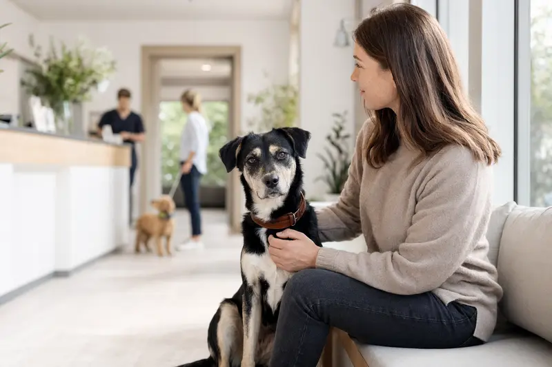 Ein Labrador Retriever sitzt ruhig neben seinem Besitzer im hellen Wartezimmer einer Tierarztpraxis.